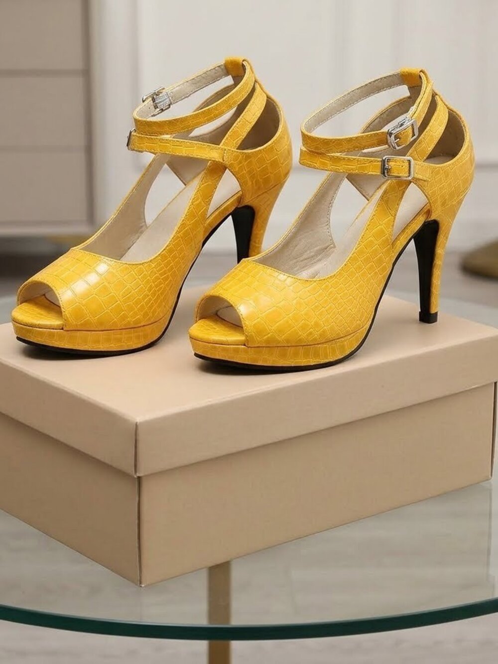 Yellow Crocodile Ankle Strap High Heel Dress Sandals